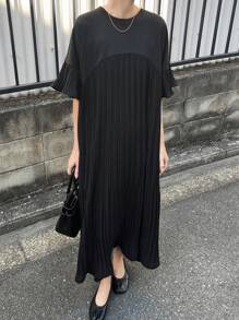 FRIFUL 女式荷叶边拼接宽松圆领连衣裙太阳裙 - 黑色 - 查看 1