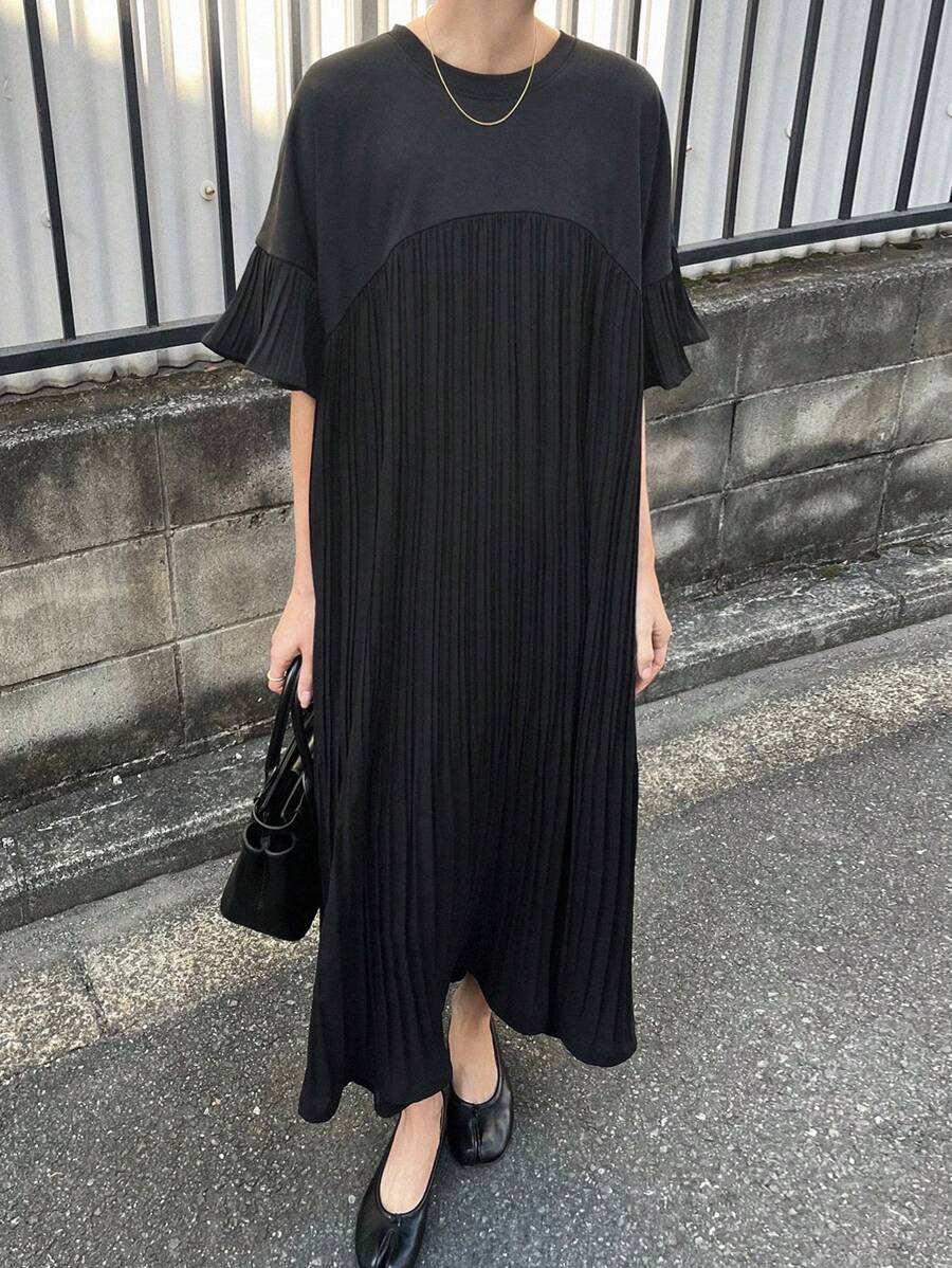 FRIFUL 女式荷叶边拼接宽松圆领连衣裙太阳裙 - 黑色 - 查看 1