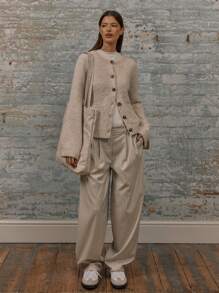 MUSERA Tapered Tailored Barrel Leg Pleat Detail Trousers With Pockets And Belt Loops Old Money Summer Chic Elegant - Khaki - View 1