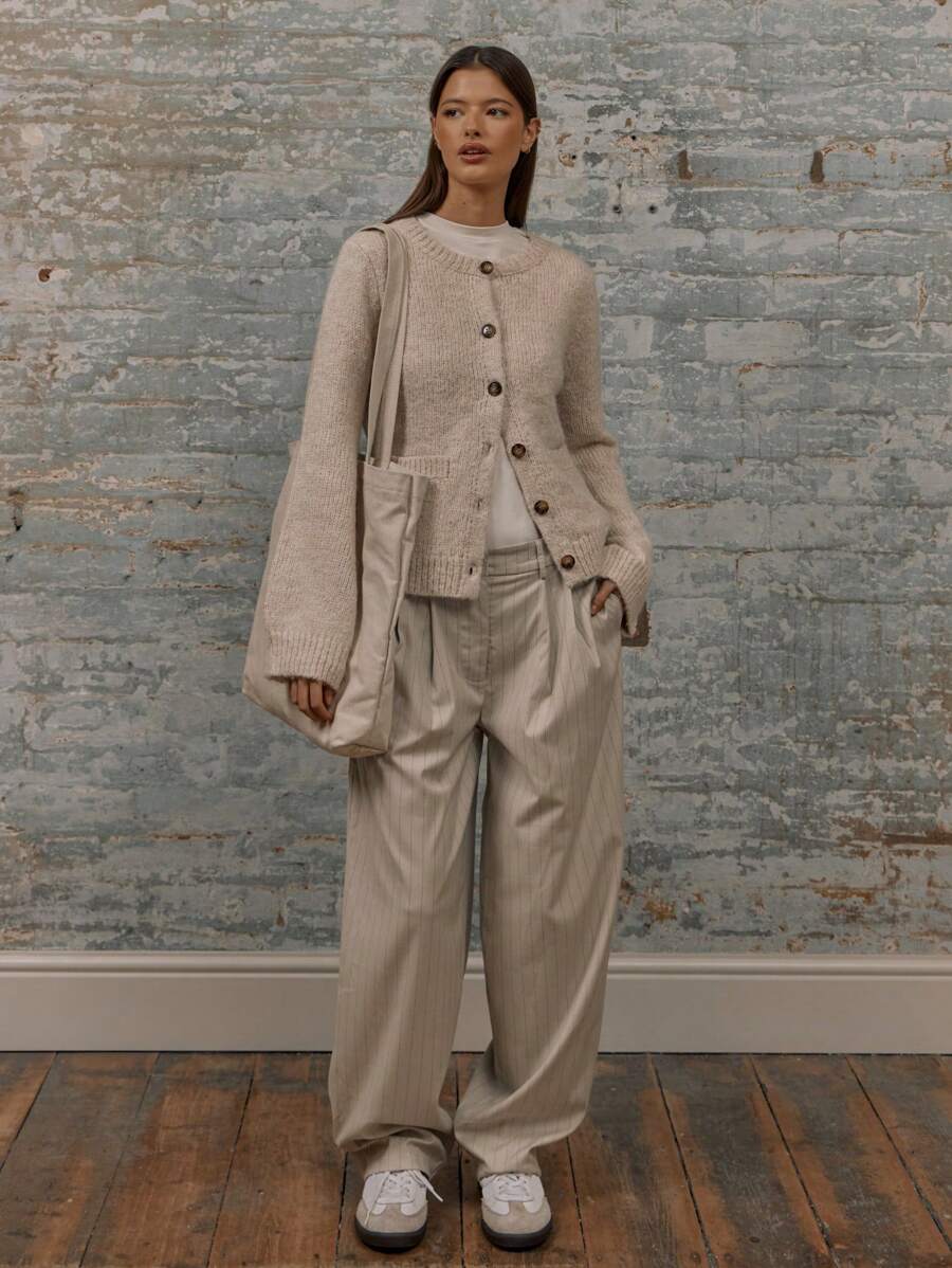 MUSERA Tapered Tailored Barrel Leg Pleat Detail Trousers With Pockets And Belt Loops Old Money Summer Chic Elegant - Khaki - View 1