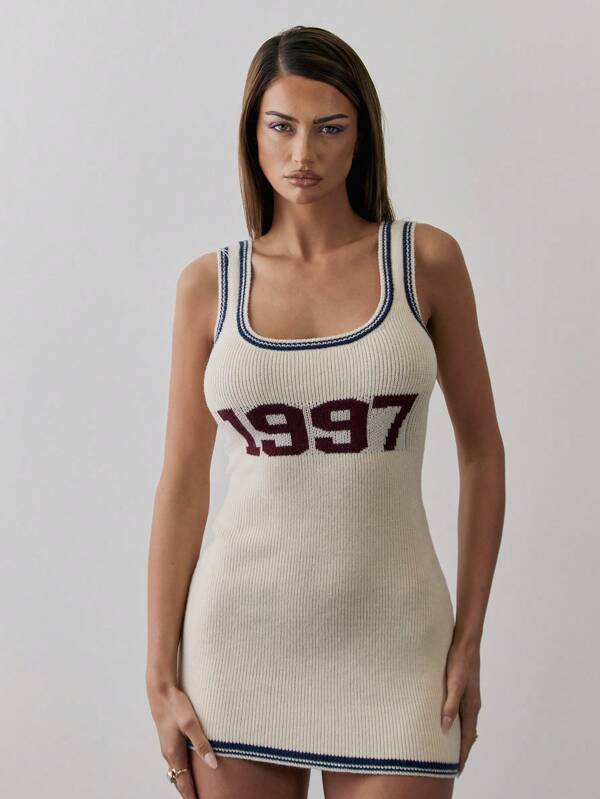MUSERA Rib Knit Scoop Neck Contrast Trim "1997" Slogan Fitted Mini Dress For Spring Y2K 90's Casual Cute Muse Summer Holiday Beach Vacation Festival