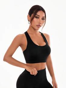 Easithlete Letter Strap Splicing Fishnet Crop Top Athletic Tank Top Workout Tank Tops Gym Top - Black - View 4