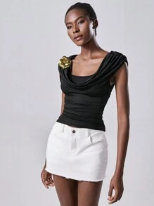 Chiquease 女士褶皱 V 领蝴蝶领装饰 T 恤