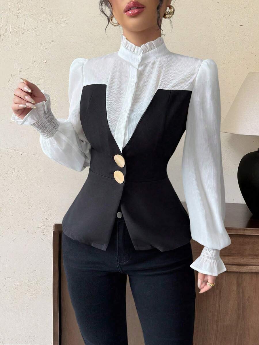 Almamuse 女士优雅荷叶边领子，撞色半透明雪纺拼接，灯笼褶皱袖口，大金属纽扣装饰长袖衬衫 - 黑色 - 查看 1