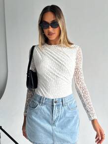 SHEIN Essnce 女士花卉蕾丝褶饰长袖紧身衣 - 白色 - 查看 4