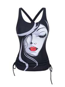 SHEIN Swim Women's Fashionable Figure Graphic Tank Top And Shorts Tankini Set, For Summer Beach Vacation