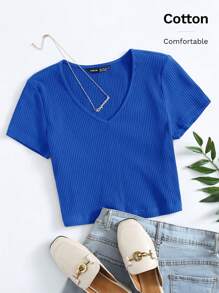 SHEIN EZwear Women's Summer Solid Color V-Neck Short Sleeve Ribbed Casual T-Shirt - Royal Blue - View 6
