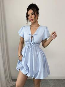 Rafferiza Elegant French Fashion V-Neck Tie-Up Balloon Sleeve Solid Color Midi Dress For Women