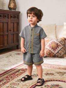 Cozy Pixies 2pcs/Set Baby Boys Contrast Color Banded Collar Short Sleeve Cardigan And Elastic Waist Shorts Set, Suitable For Summer