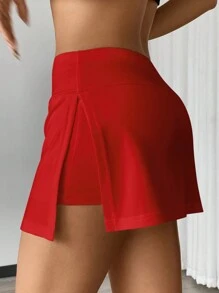 SHEIN EZwear 2 chiếc/Bộ quần short váy dệt kim màu đen và đỏ - Đỏ - Xem 6