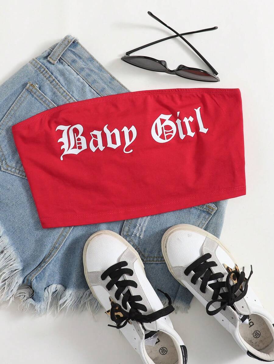 SHEIN EZwear 字母图案短款抹胸 - 紅色 - 查看 1