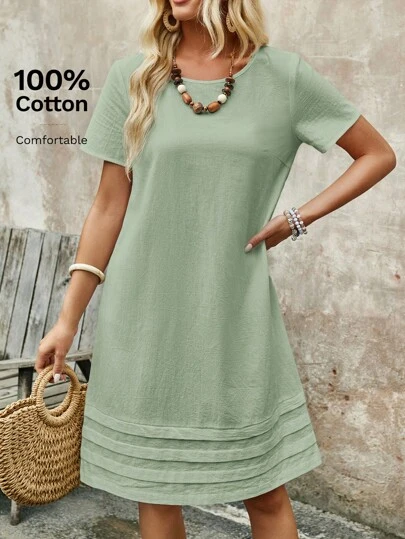 EMERY ROSE Women's Leisure Solid Color Short Sleeve Casual Dress,Sage Green Dress