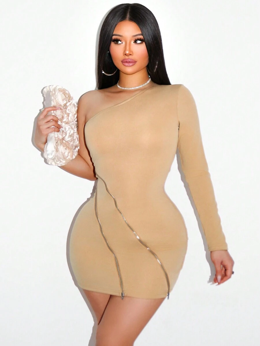 Zolique Đầm ôm body một tay đính khóa kéo - màu nâu - Xem 1
