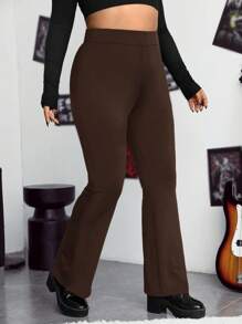 SHEIN EZwear Plus High Waist Black Flare Leg Pants - Brown - View 3