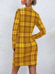 SHEIN Clasi Women's Mustard Yellow Plaid Long Sleeve Bodycon Dress: Fall Fashion - Ginger - View 2