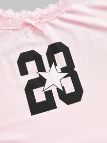 ROMWE Street Life 运动青少年蕾丝拼布数字印花背心和短裤休闲夏季粉色睡衣套装