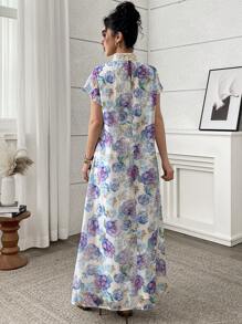 Yasmyna Vestido largo elegante de mujer con estampado floral todo sobre todo y bordado, de estilo tradicional turco y árabe