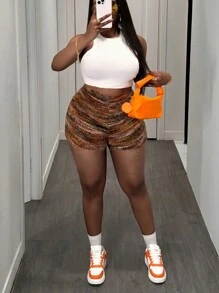 Slaydiva 大码女式休闲街头时尚纹理面料短裤 - 彩色 - 查看 3