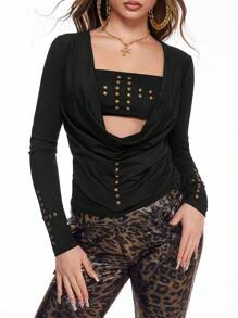 ROMWE Grunge Punk Y2K Vintage Sexy Draped Neck Hollow Out Knotted Waist Top + Cross Rivets Cropped Top Set