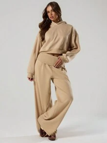 MUSERA Extreme Wide Leg Fold Over Waist Sweatpants Vacation Winter Casual - Apricot - View 1