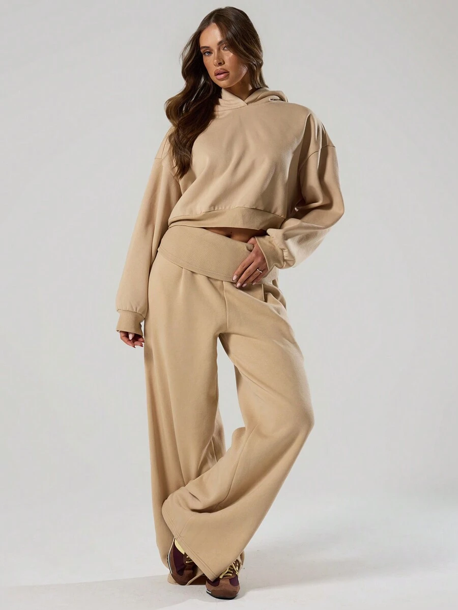 MUSERA Extreme Wide Leg Fold Over Waist Sweatpants Vacation Winter Casual - Apricot - View 1