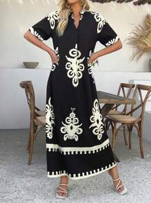 SHEIN Clasi 女士度假宽松直领连衣裙 - 黑色 - 查看 7