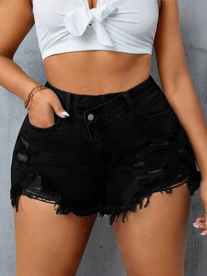 SHEIN SXY 大码简约时尚休闲牛仔短裤，日常穿着