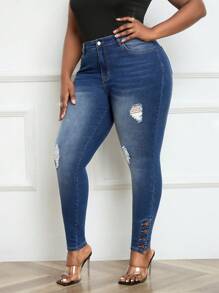 SHEIN EZwear Plus Size Sexy Slim Fit Ripped Denim Jeans, Blue - Medium Wash - View 7