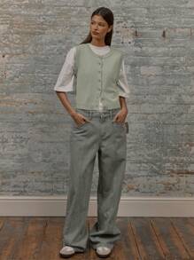 MUSERA 中腰直筒牛仔裤，缝线细节设计，90年代Y2K春夏可爱性感时尚风 - 綠色 - 查看 1