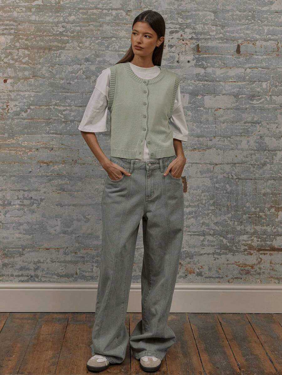 MUSERA 中腰直筒牛仔裤，缝线细节设计，90年代Y2K春夏可爱性感时尚风 - 綠色 - 查看 1