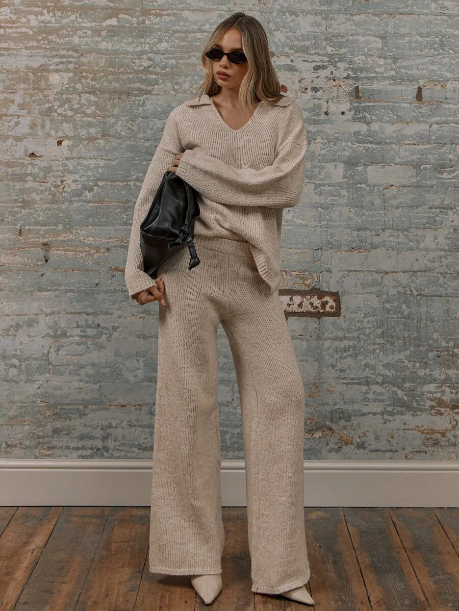 MUSERA Knit High Rise Wide Leg Slouch Trousers Vacation Elegant - Apricot - View 1