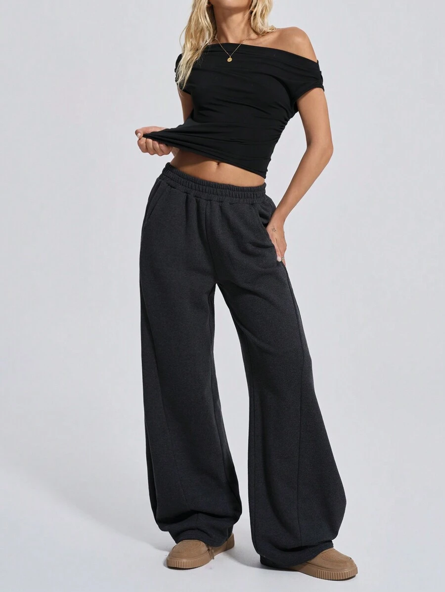 SHEIN Tall Wide Leg Elastic Waist Track Pants, Seam Design, Fall Clothes - Dark Grey - View 1
