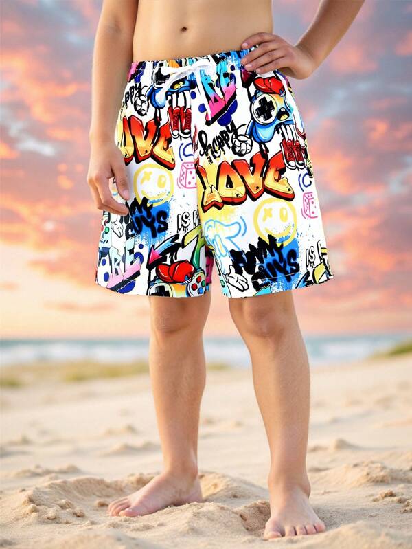 SHEIN Tween Boys Casual Vacation Soft & Comfortable Versatile Relaxed Fit Drawstring Waist Shorts With Gaming Console & Graffiti Letter Graphic, Suitable For Spring, Summer, Autumn, Ideal For Everyday Wear, Outdoor Activities, School, Street Style, Party, Beach, Swimming