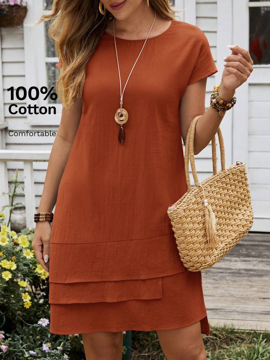 EMERY ROSE 女士夏季多層條圓領短袖連衣裙 - 鏽棕色 - 查看 1