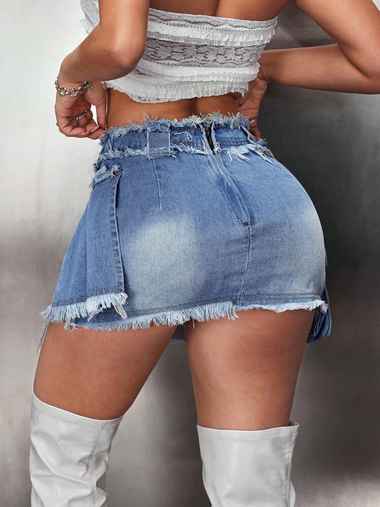 SHEIN ICON Women Waist Splicing Fringe Asymmetric Hem Short Denim Mini Skirt - Dark Wash - View 2