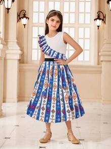 Blue And White Retro Print Ruffle Trim Summer Tea Party Modest Sweet Style - Multicolor - View 1