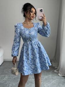 Rafferiza Women's Jacquard Pattern Solid Color Long Sleeve Dress Fall Cloth For Women - Blue - View 1