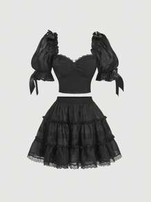 SHEIN MOD Black Organza 2 Pieces Set: Puff Sleeve Bow Chest Cup Cropped Top & Peplum Mini Skirt,Spring/Summer Outfits,Beach Outfits,Brunch Outfits,Spring Break,West,Vacation,Country,Western,Floral,Tropical,Vacation Two Pieces Set,Elegant - Black - View 1