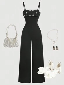 SHEIN Leap Crew 少女优雅黑色奢华珍珠宽腿连体裤，春夏秋冬，连体裤，户外，感恩节，返校节，万圣节，圣诞节 - 黑色 - 查看 3