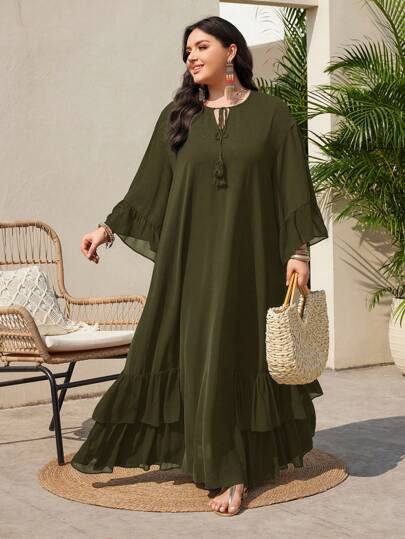 Mulvari Plus Size Solid Color Tie Front Long Sleeve Casual Loose Dress