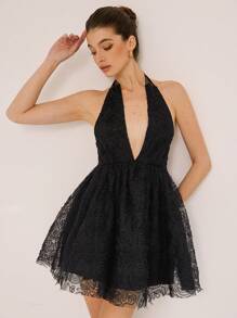 GENKIRA Vestido mini elegante francés sin mangas con escote profundo en V, fruncido, vuelo pronunciado en la Bottom y cintura ceñida - Negro - Ver 5