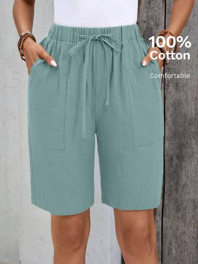 EMERY ROSE Bermudas de lino, mezcla de lino, unicolor, bolsillos laterales, longitud hasta la rodilla, cintura alta, estilo básico de moda