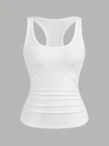 Slaydiva Casual All-Match White Cami Top With Deep U-Neck And Racerback,Spring/Summer - White - View 2