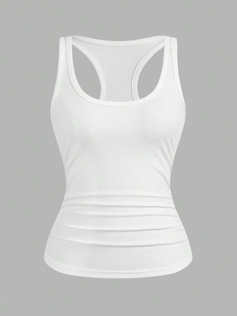 Slaydiva Casual All-Match White Tank Top With Deep U-Neck And Racerback,Spring/Summer - White - View 1