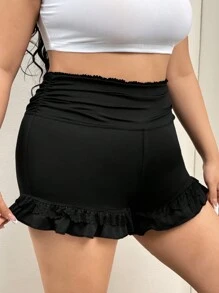 SHEIN ICON Plus Size Black High Waist Ruffle Trim Shorts For Summer