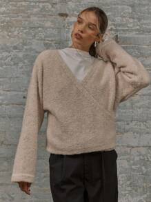 MUSERA Knit Boxy Fit Crossover V-Neck Long Sleeve Jumper Chic - Khaki - View 1