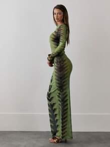 MUSERA 网纱印花修身长袖连衣裙，适合度假、春夏、海滩、伊比沙岛等场合，性感透视，适合婚礼宾客、优雅约会、夏季穿着，也适合毕业舞会等场合。 - 彩色 - 查看 2