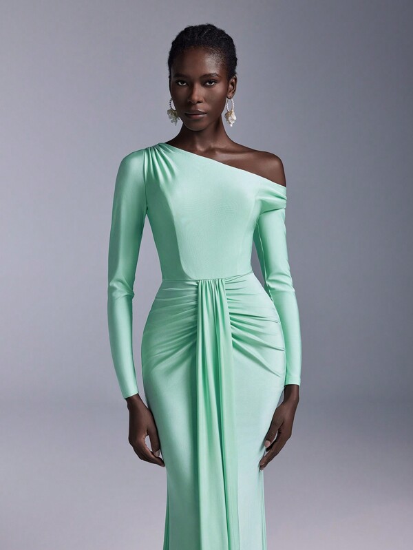 Elitara Elegant Luxurious Elastic Knitted Swimsuit With Ruched Long Sleeve, Mermaid Tail Design, Suitable For Weddings, Single Party, Holiday, Prom, Bridesmaid Dress (Adult)