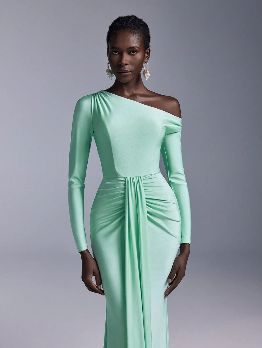 Elitara 优雅奢华弹力针织泳衣，褶皱长袖，美人鱼尾巴设计，适合婚礼、单身派对、节日、舞会、伴娘礼服（成人） - 薄荷綠 - 查看 1