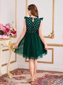 Tween Girls Elegant Ruffle Hem Foil Printed Mesh Party Dress For Spring/Summer - Dark Green - View 2